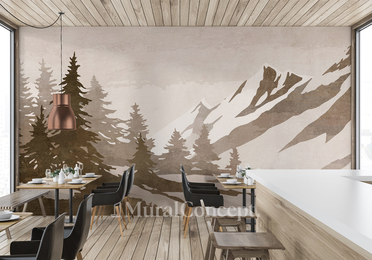 Tapete Bistro Tanne und Berge Vintage Sepia