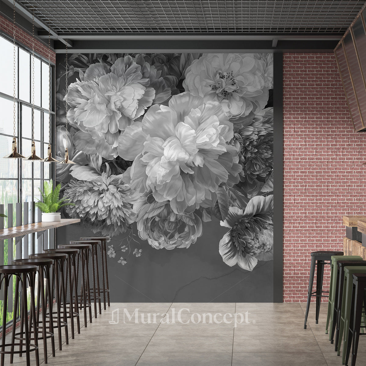 Schwarz -Weiß -Peony Bistro Wallpaper