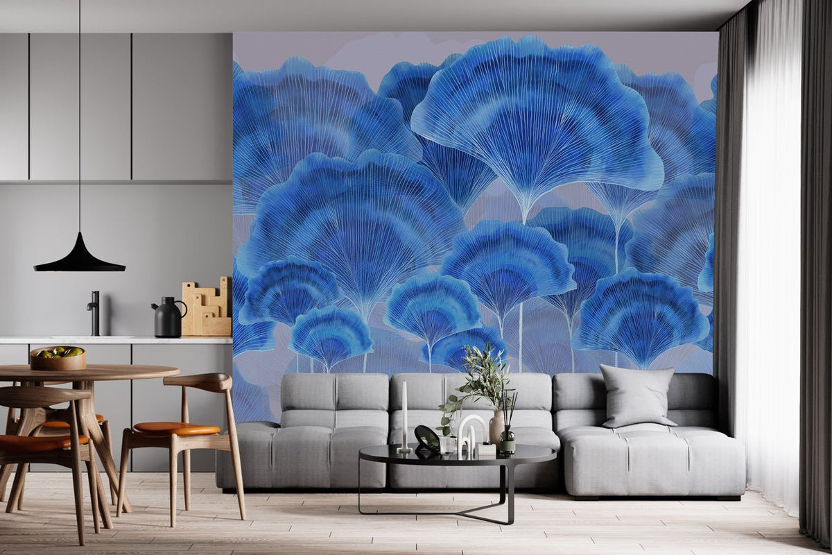 Moderne Tapete ginkgo zen blau