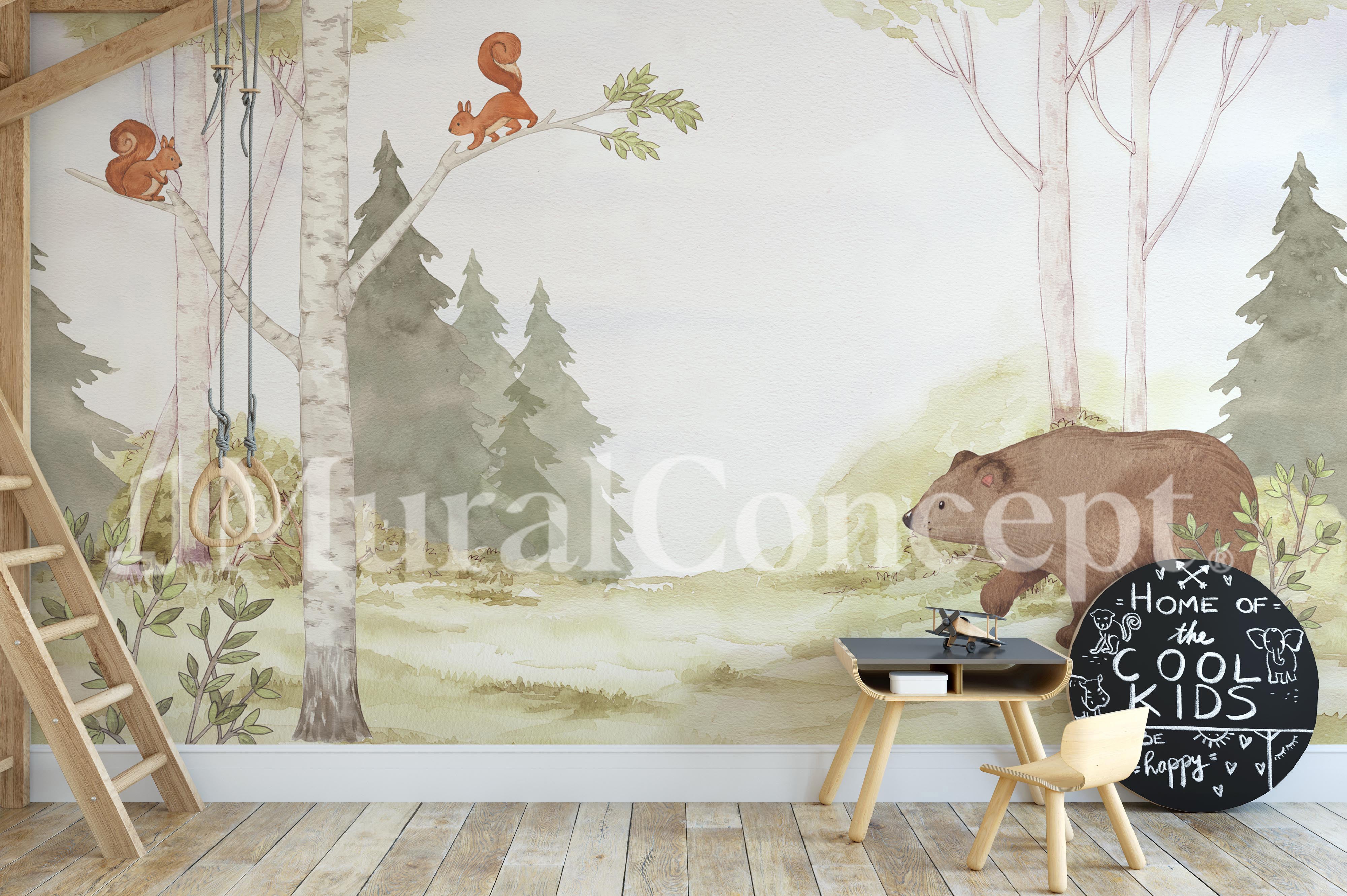 Papier peint enfant tendre ours dans la forêt - panoramique français