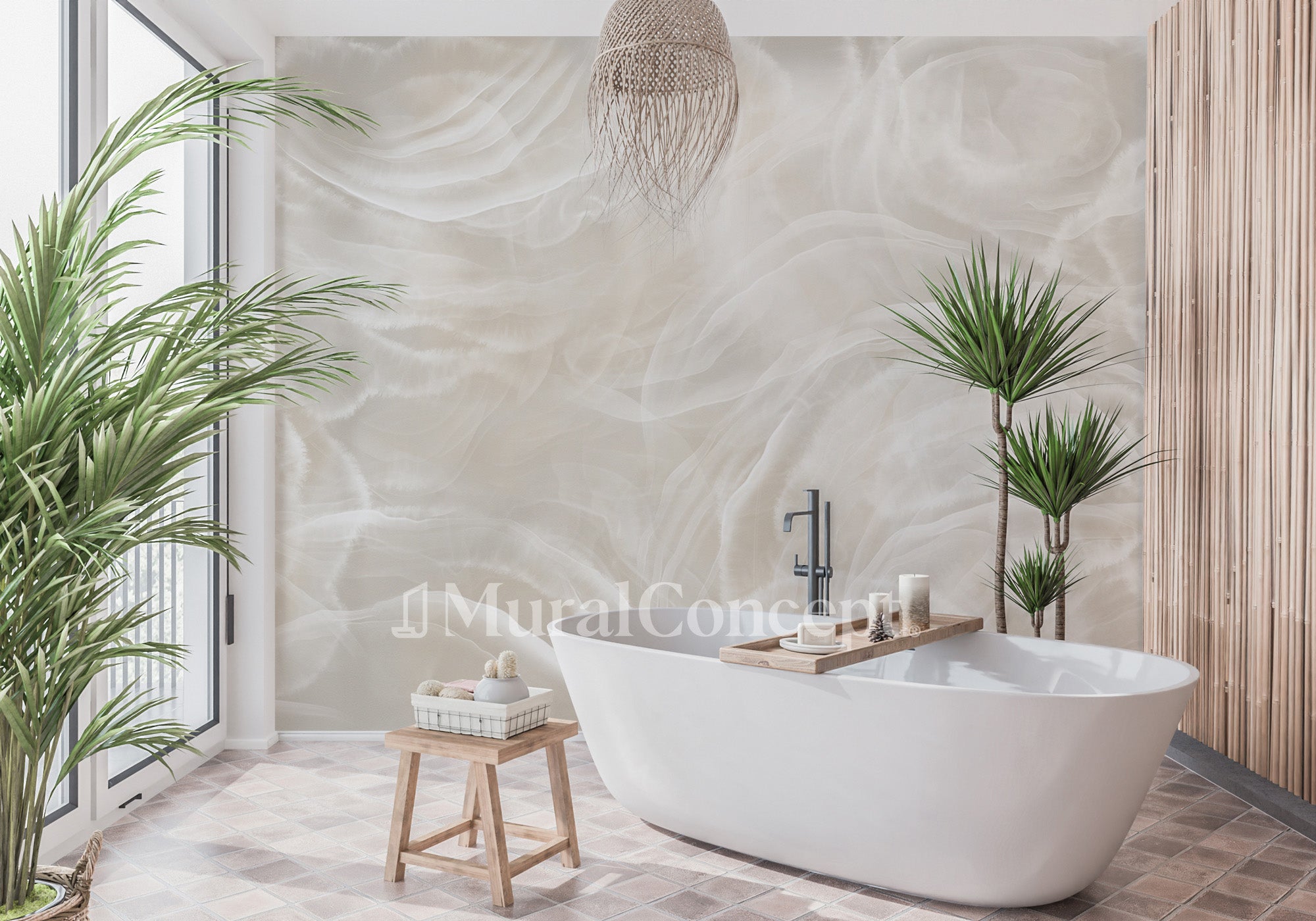 Papier peint salle de bain marbre ivoire - panoramique français