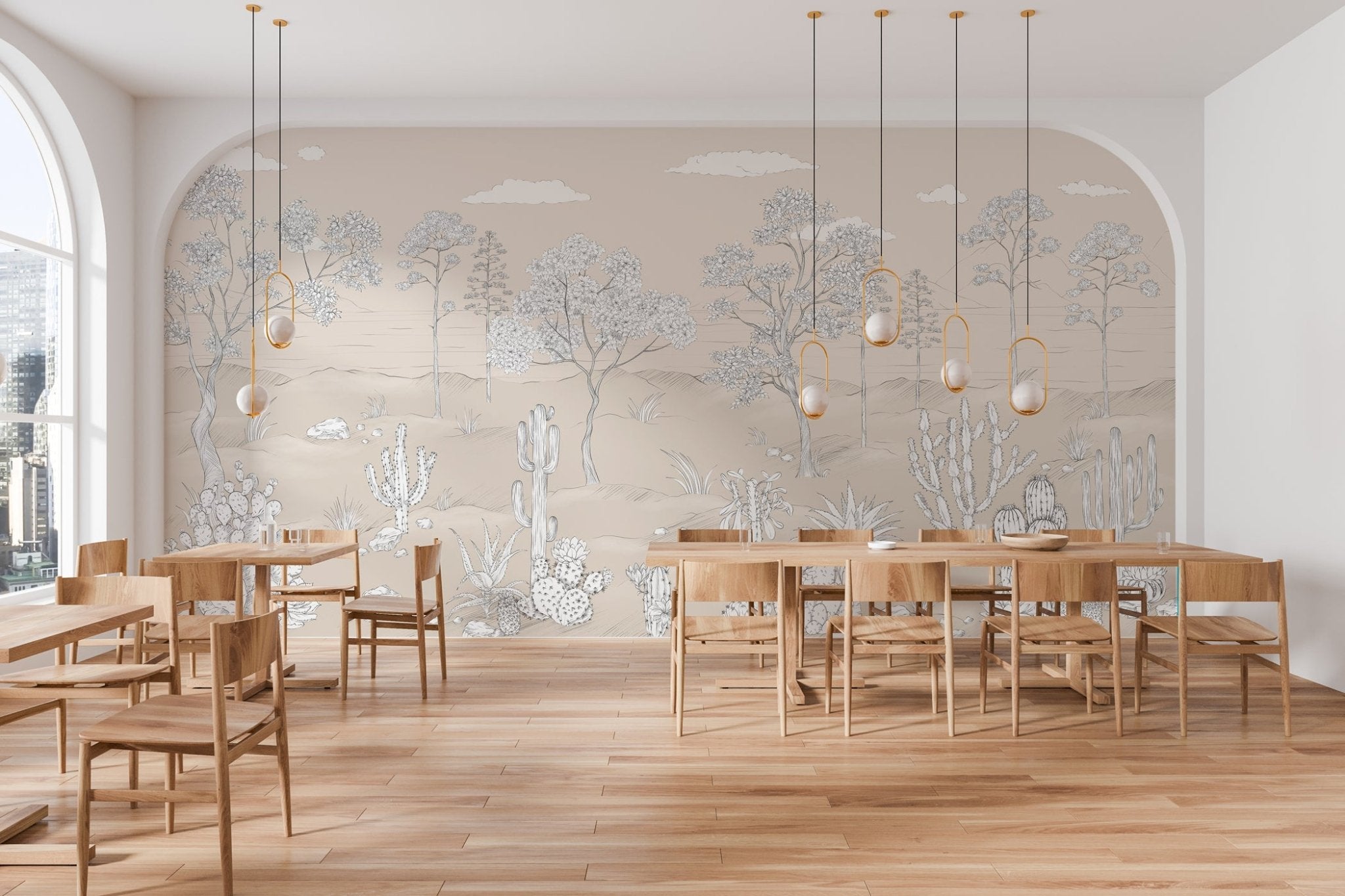 Papier peint oasis cactus tropical, mural concept, tendance