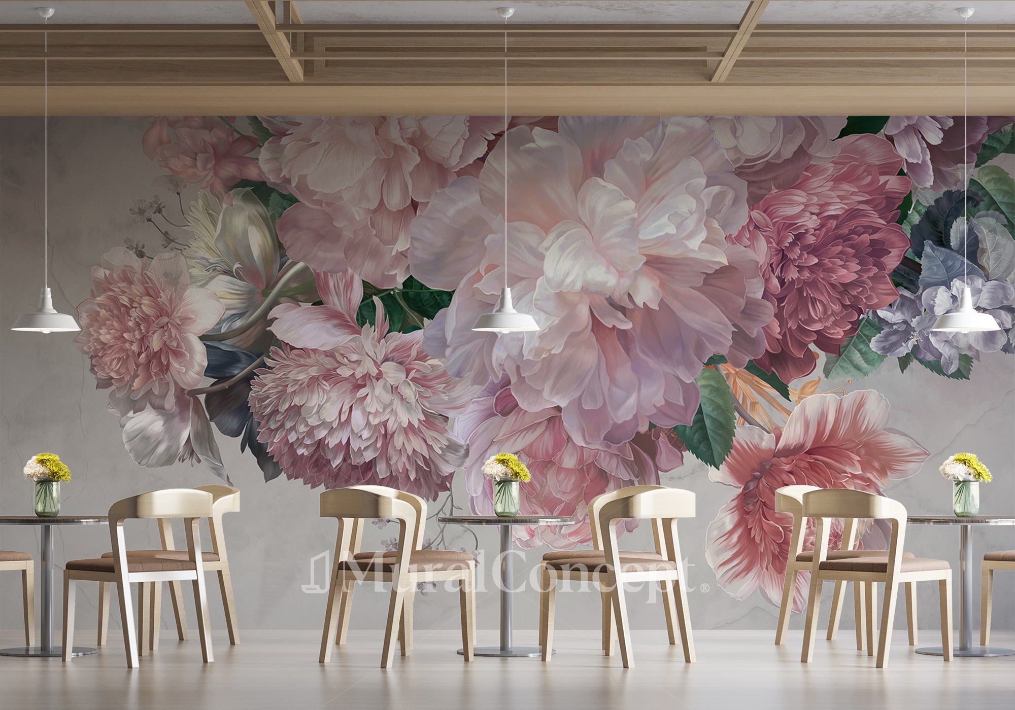 Papier peint restaurant pivoines - panoramique français