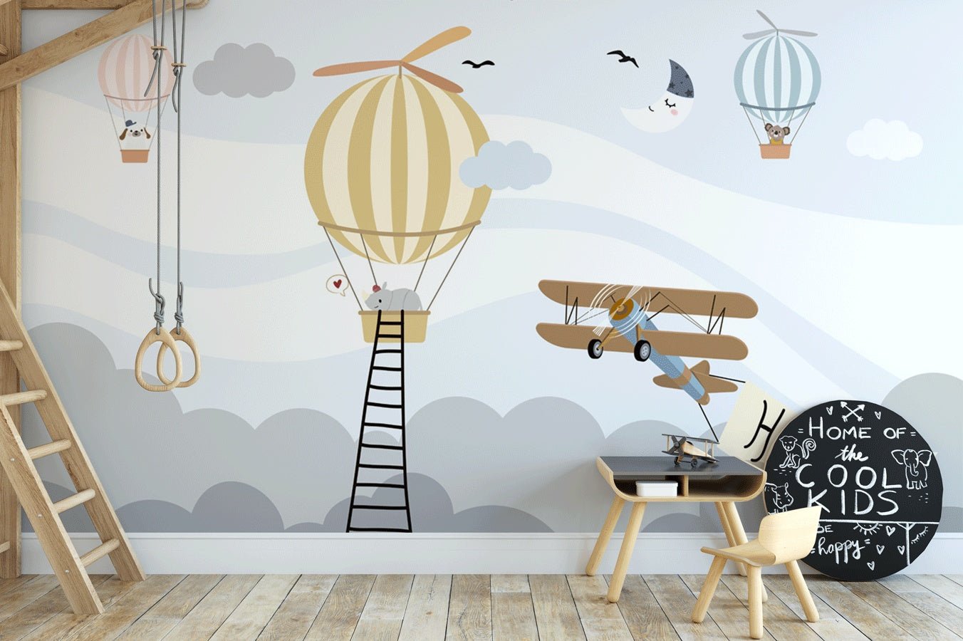 Papier peint rhinocéros avion et montgolfière - Muralconceptpapier_peint_sur_mesure