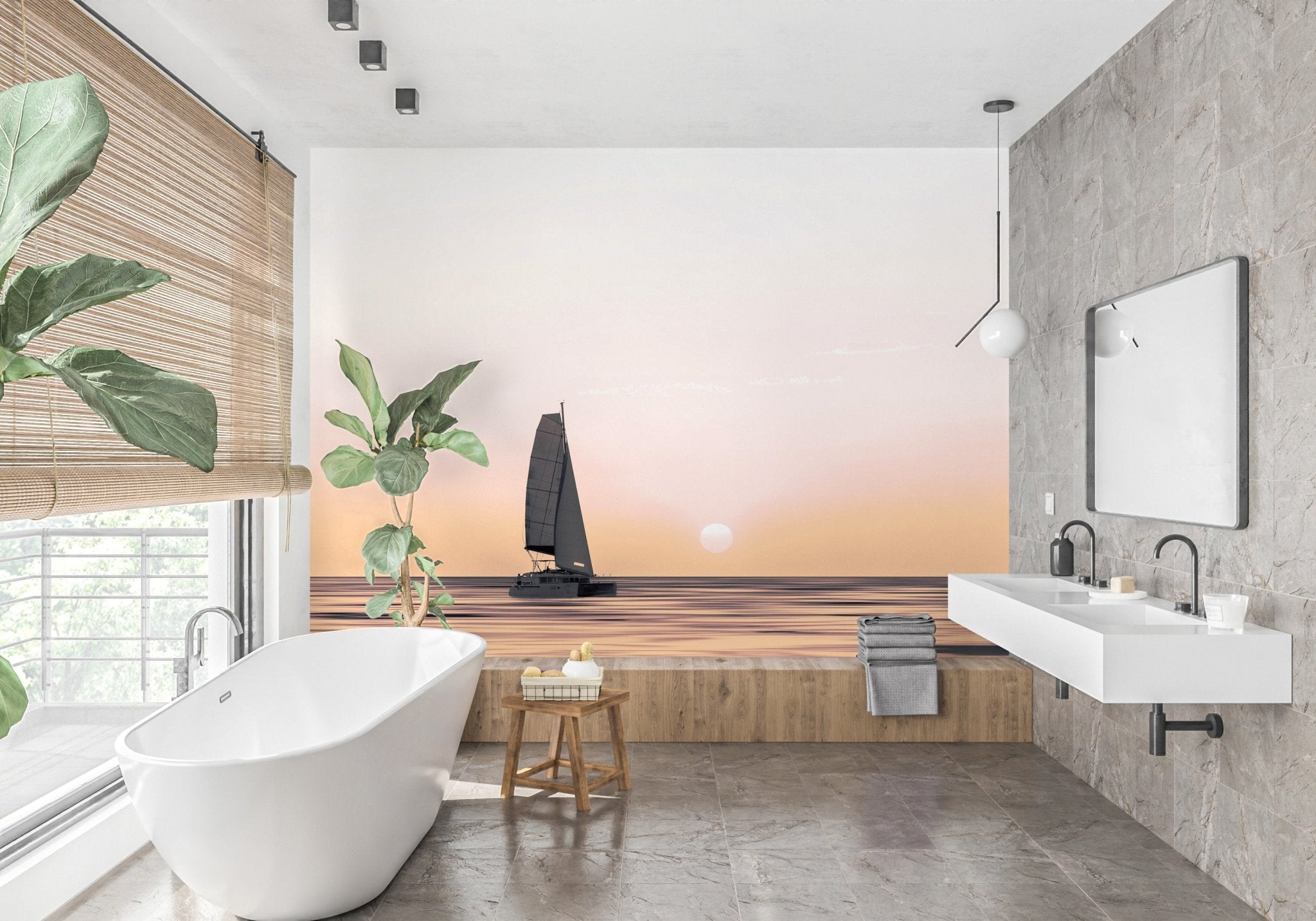 Papier peint coucher de soleil bateau - panoramique français