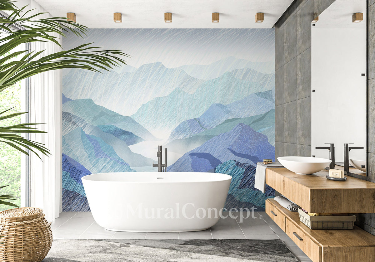 Tapete Badezimmer Illustration Berge blau