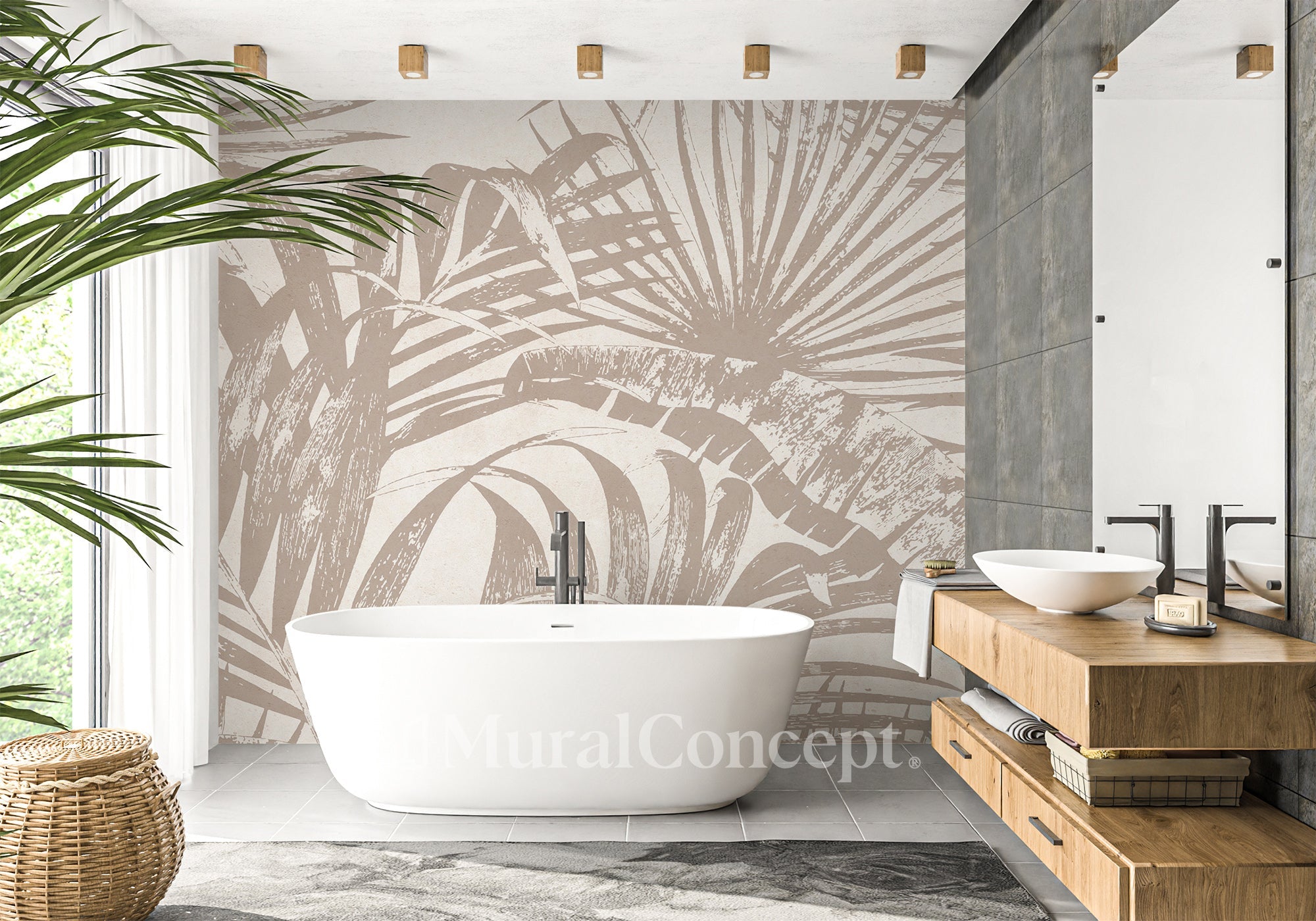Papier peint salle de bain monochrome jungle feuille - panoramique sur mesure francais - muralconcept
