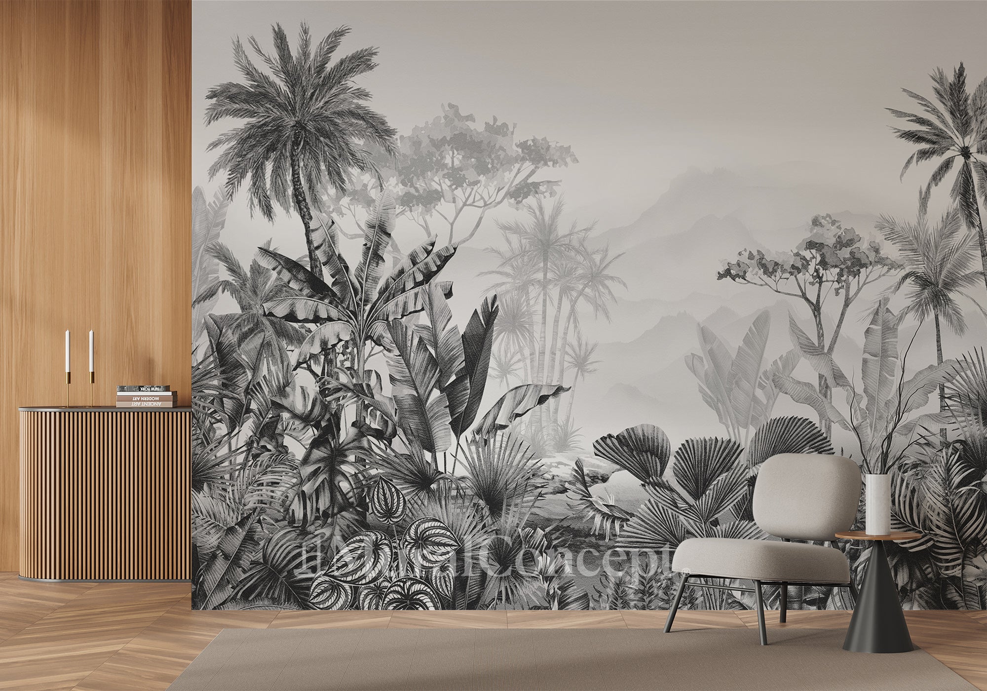 Papier peint tendance tropical noir et blanc - panoramique français