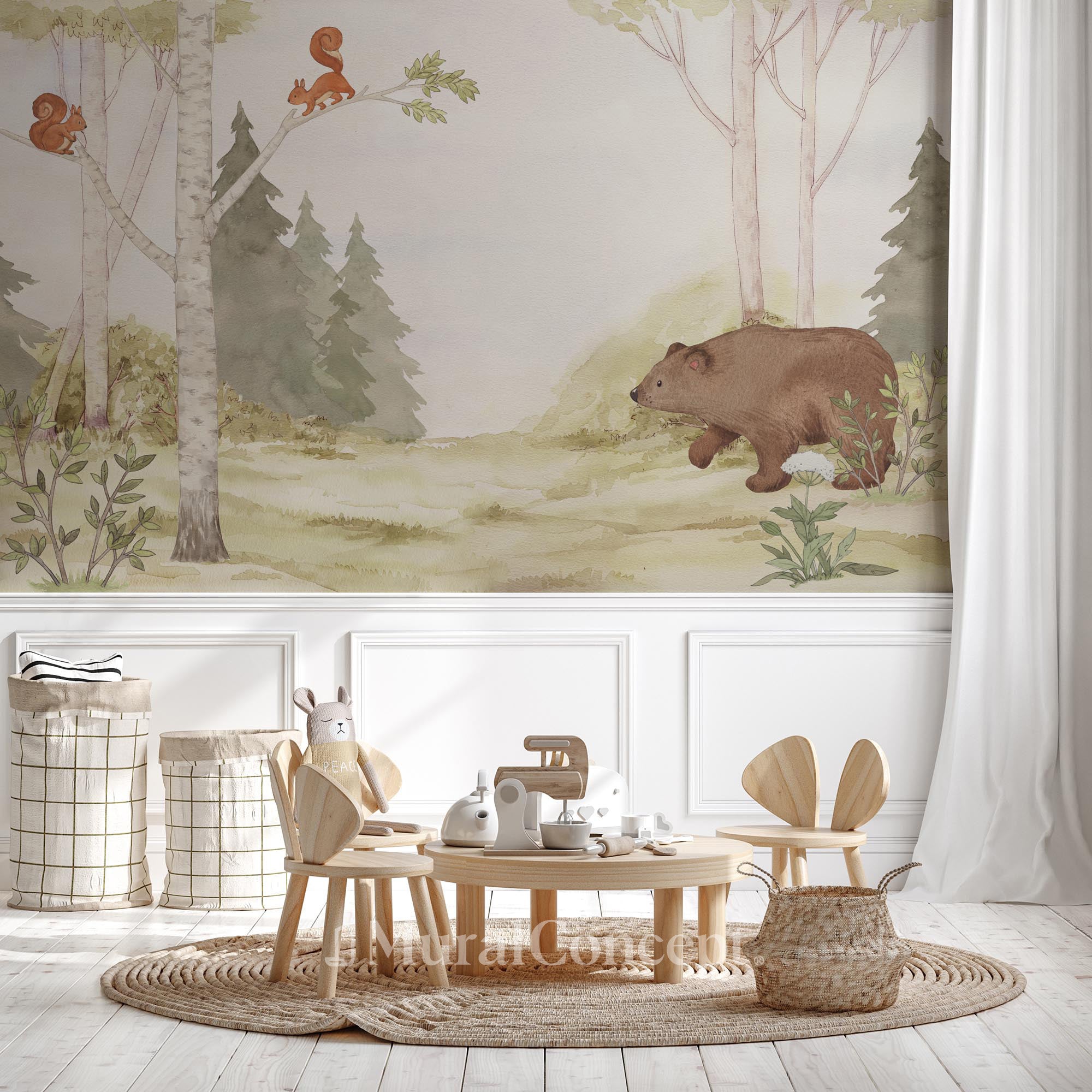 Papier peint enfant tendre ours dans la forêt - panoramique français