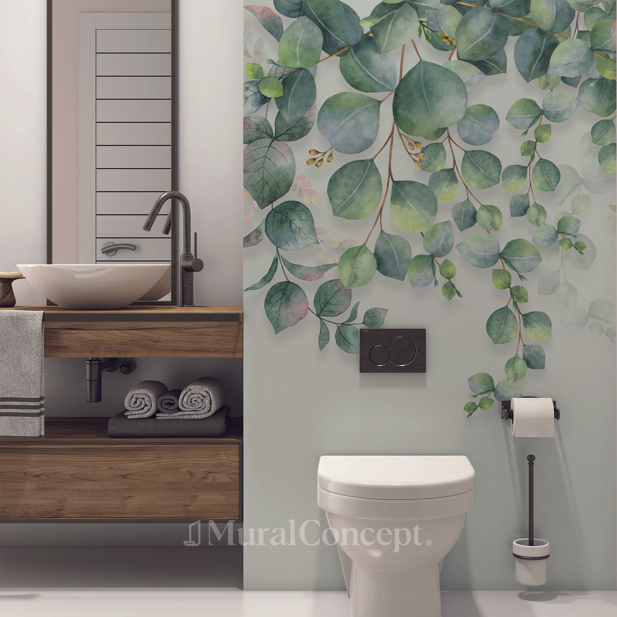 Papier peint wc nature plante Eucalyptus - panoramique sur mesure francais - muralconcept